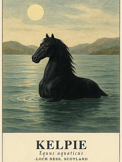 Kelpie (Equus aquaticus) rising from Loch Ness under a full moon — hand-colored vintage lithograph style, black horse with subtle teal water and cream border.