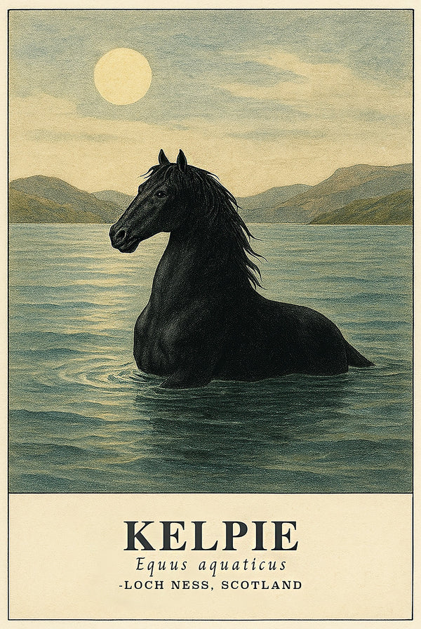 Kelpie (Equus aquaticus) rising from Loch Ness under a full moon — hand-colored vintage lithograph style, black horse with subtle teal water and cream border.
