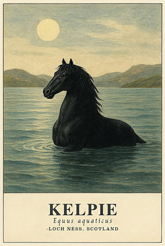 Kelpie (Equus aquaticus) rising from Loch Ness under a full moon — hand-colored vintage lithograph style, black horse with subtle teal water and cream border.