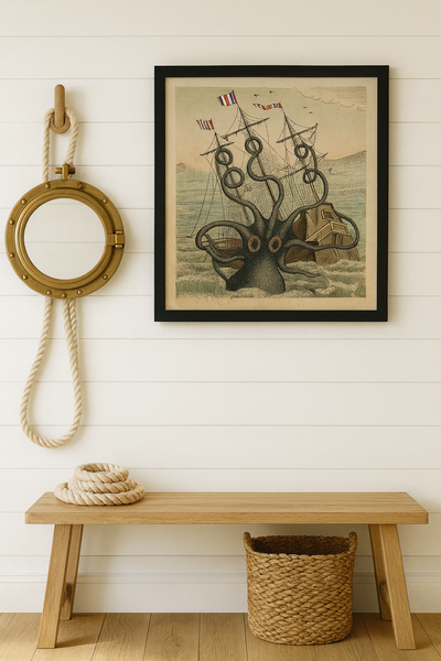 Kraken & Ship Art Print – Nautical Sea Monster Wall Decor | Vintage Maritime Illustration