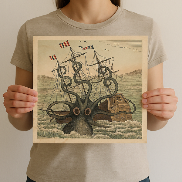 Kraken & Ship Art Print – Nautical Sea Monster Wall Decor | Vintage Maritime Illustration