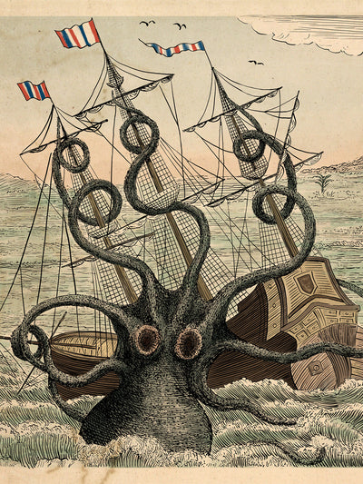 Kraken & Ship Art Print – Nautical Sea Monster Wall Decor | Vintage Maritime Illustration