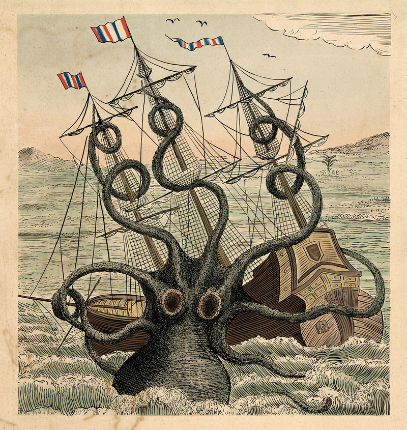 Kraken & Ship Art Print – Nautical Sea Monster Wall Decor | Vintage Maritime Illustration