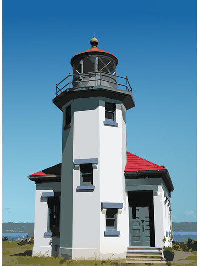 Lighthouse with a red roof and white walls on a clear blue sky background