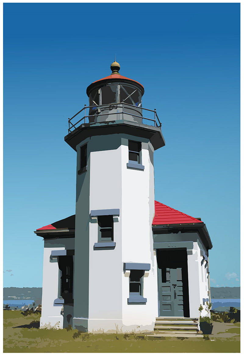 Lighthouse with a red roof and white walls on a clear blue sky background