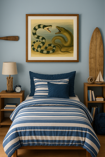 a vintage scientific illustration of a sea snake fighting an eel framed and hangin in teenages bedroom.