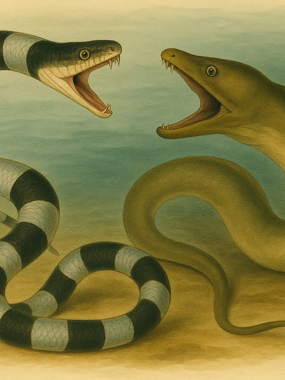 Illustration of two snakes facing each other with a gradient background