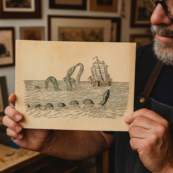 Person holding a piece of paper with a drawing of sea creatures and a ship.