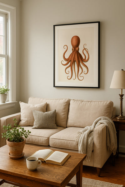Living room with beige sofa, wooden coffee table, and framed vintage octopus art on wall by Hinge Gallery.