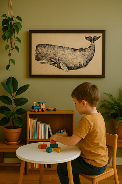 Child playing with toys on a small table in a room with a framed whale picture on the wall.