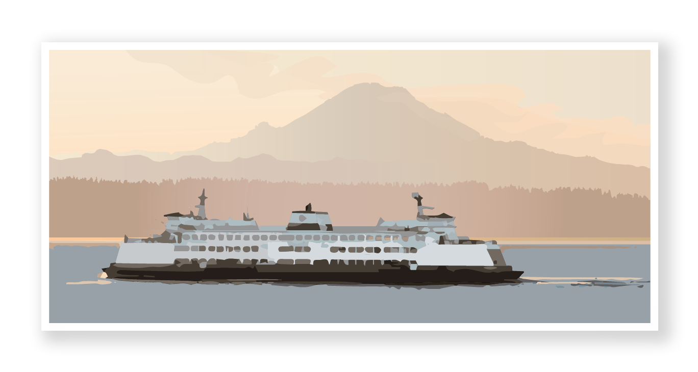 Conservation Quality Art Print: Ferry Boat at Sunrise with Mount Rainier