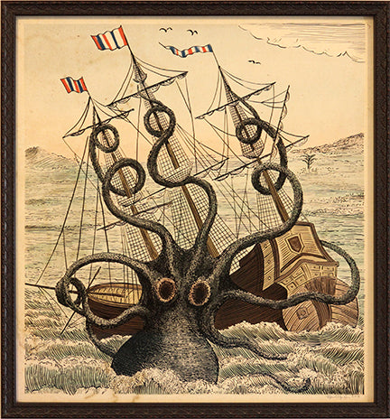 Kraken & Ship Art Print – Nautical Sea Monster Wall Decor | Vintage Maritime Illustration